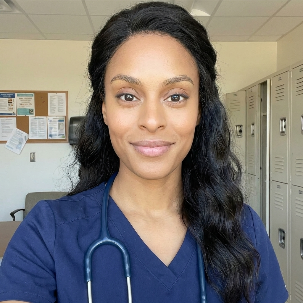 A woman in blue scrubs with a stethoscope around her neck smiles gently at the camera.