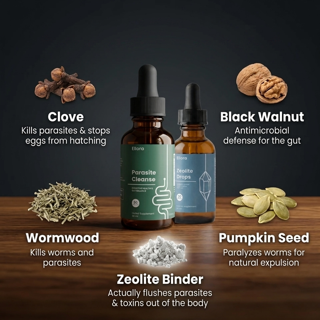 Two supplement bottles, Parasite Cleanse and Zeolite Drops, surrounded by their ingredients like clove, wormwood, and pumpkin seed.
