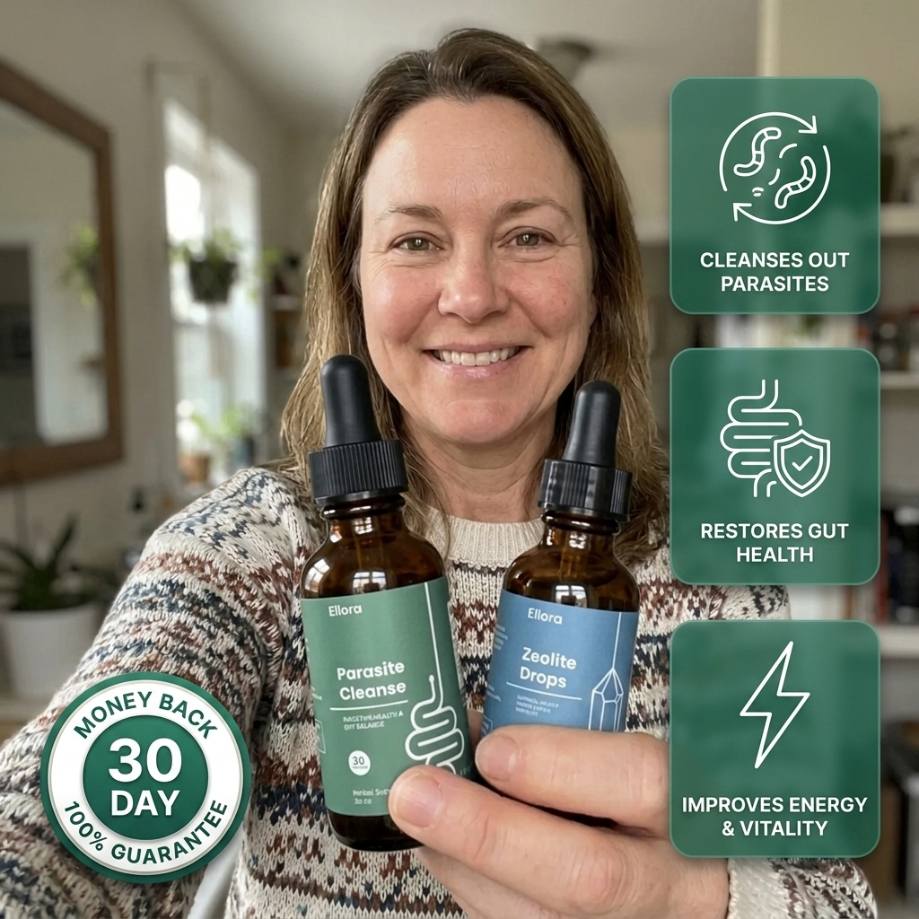 A smiling woman holds two bottles of Ellora brand supplements, labeled Parasite Cleanse and Zeolite Drops.