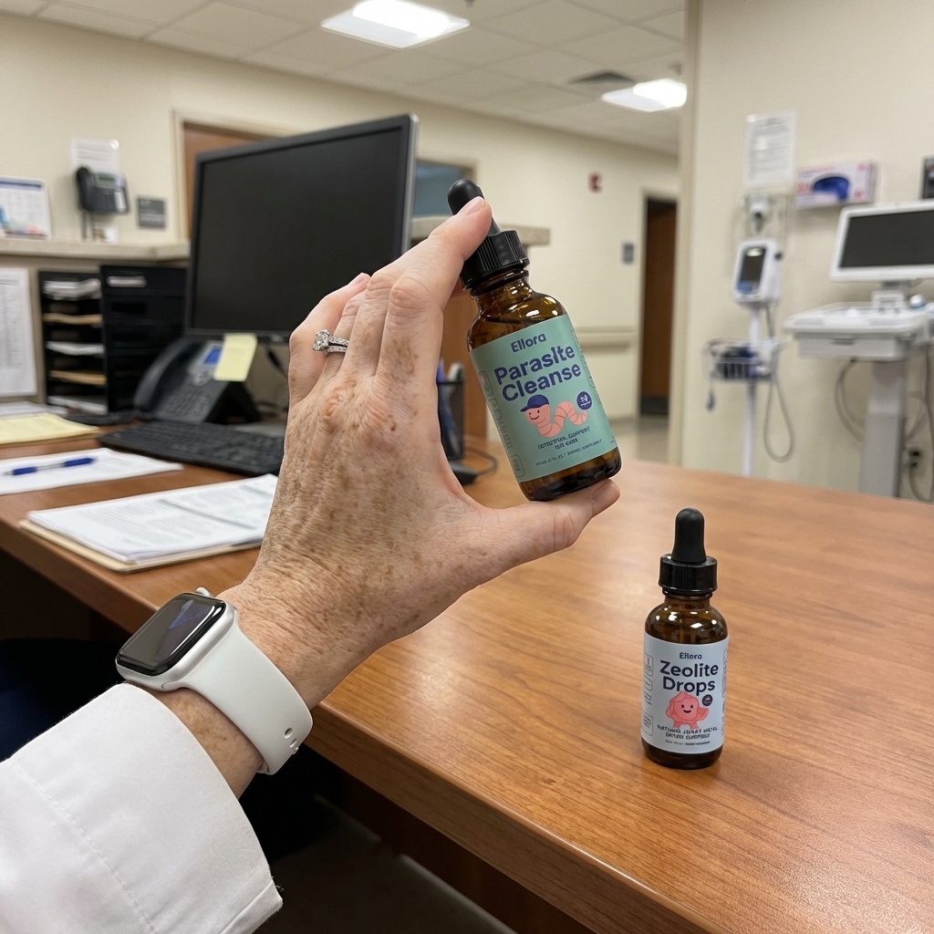A person's hand holds a bottle of Ellora Parasite Cleanse over a desk in a medical office.