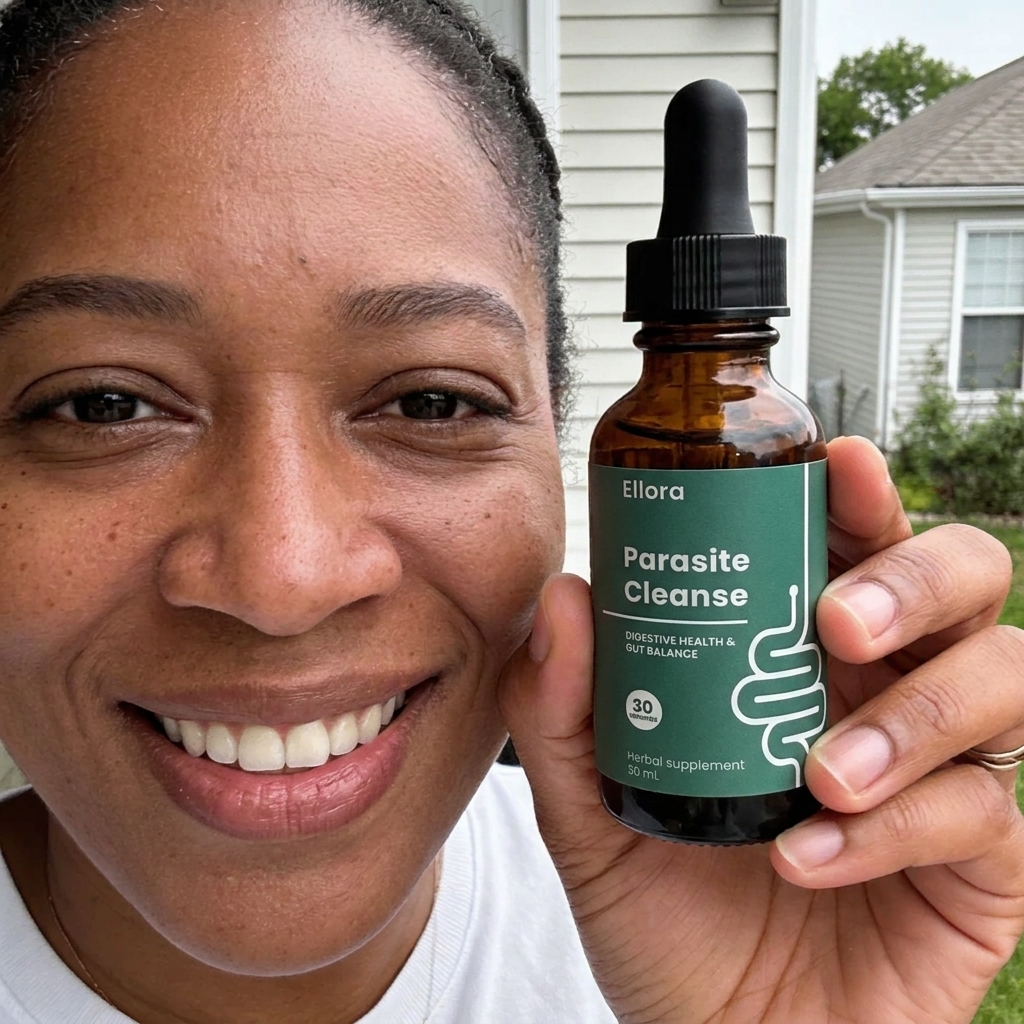 A smiling woman holds up a bottle of Ellora Parasite Cleanse herbal supplement.