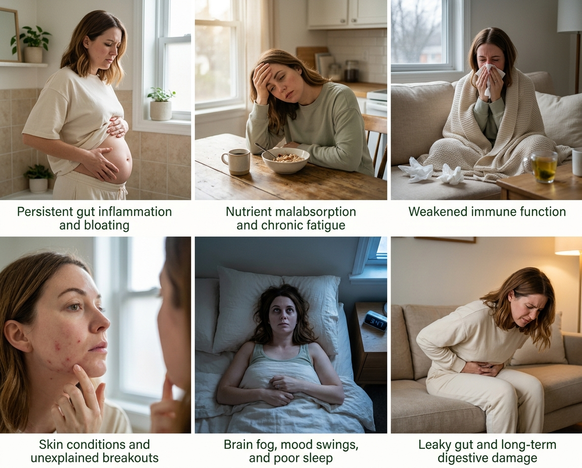 A collage of six images showing a woman experiencing various health symptoms like bloating, fatigue, and skin breakouts.