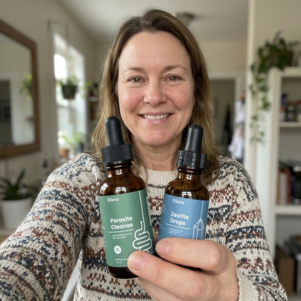 A smiling woman in a patterned sweater holds up two brown bottles of Ellora brand supplements.