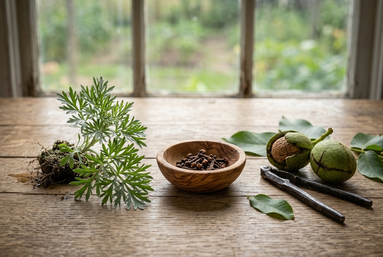 A wormwood plant, a wooden bowl of cloves, and green walnuts on a rustic wooden table by a window.