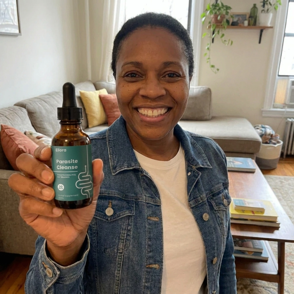 A smiling woman in a denim jacket holds up a bottle of Ellora Parasite Cleanse herbal supplement.