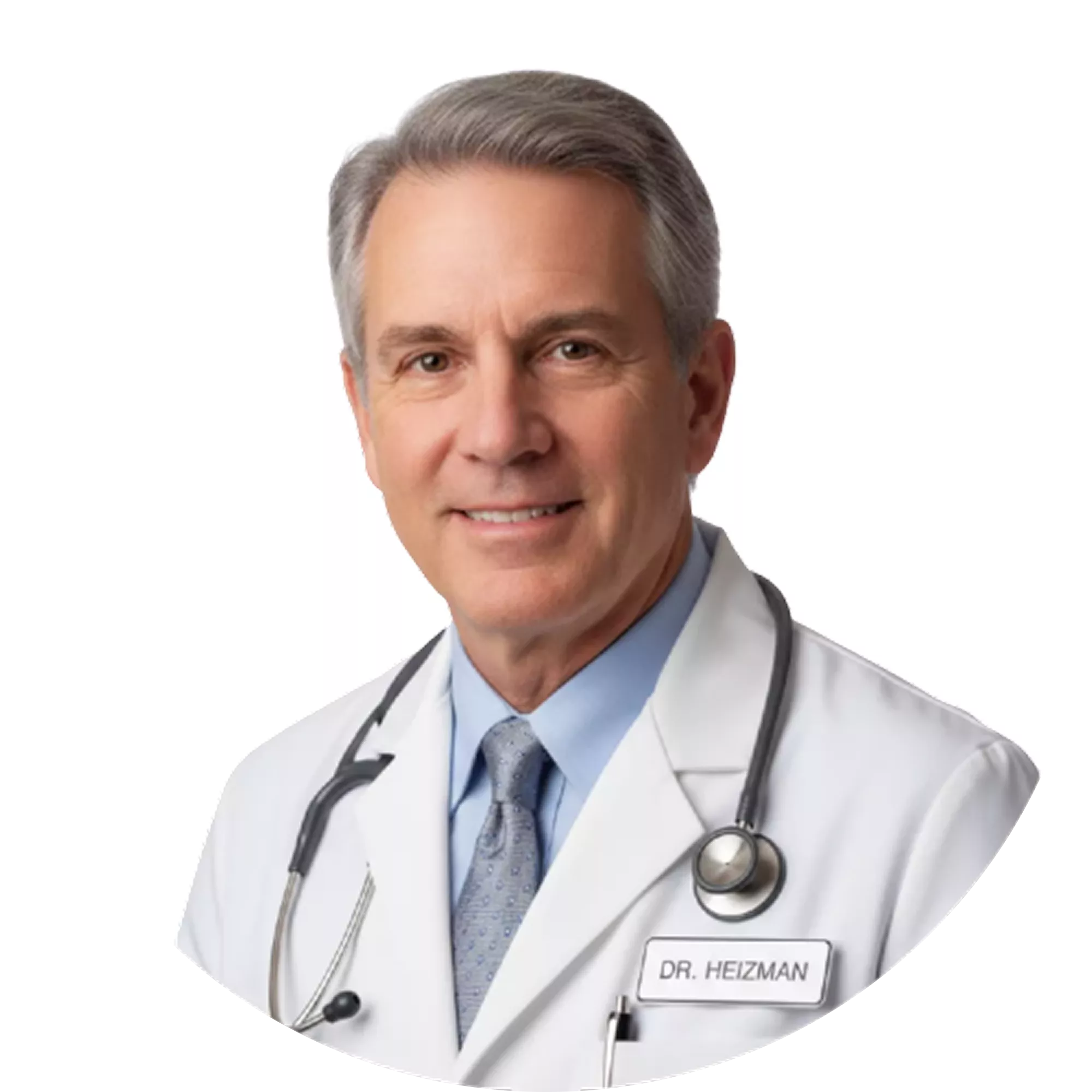 Older man in a white doctor's coat with stethoscope.