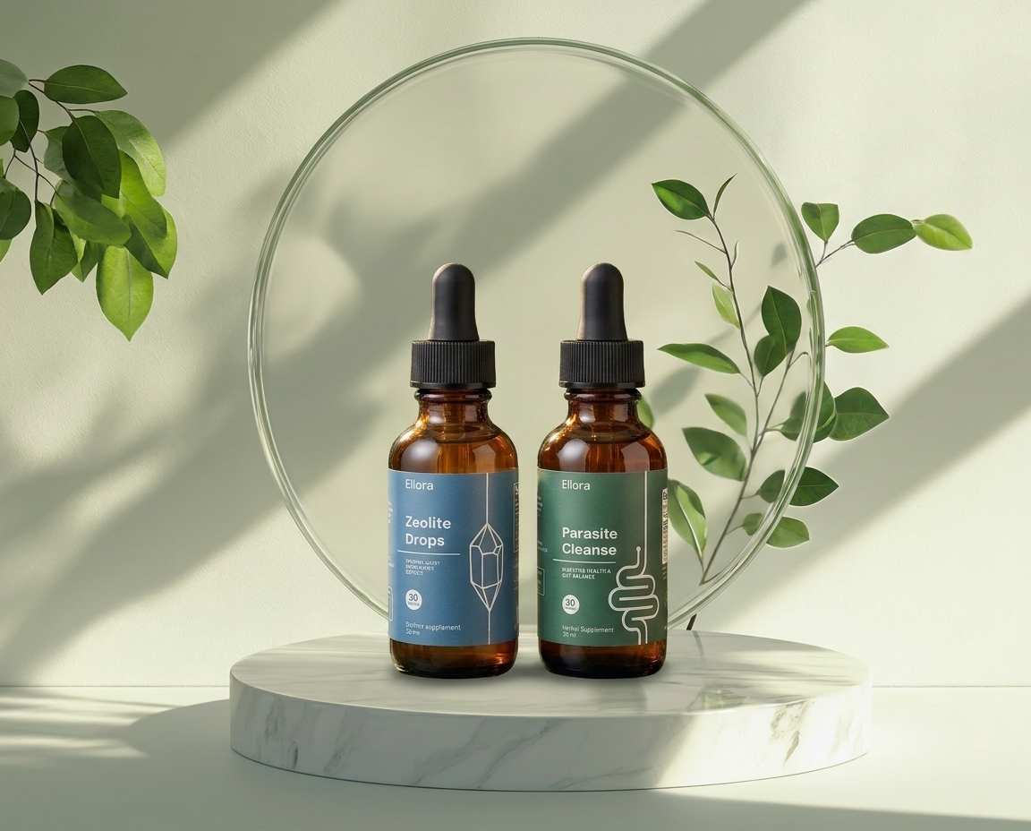 Two herbal supplement dropper bottles, Zeolite Drops and Parasite Cleanse, on a marble pedestal with plants.