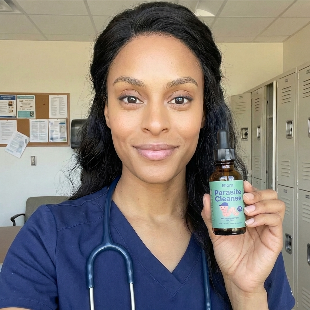 A woman in blue scrubs with a stethoscope holds up a bottle of Ellora Parasite Cleanse.