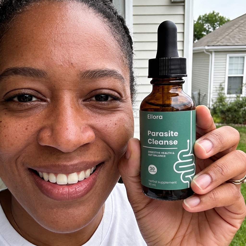 A smiling woman holds up a small bottle of Ellora Parasite Cleanse herbal supplement.