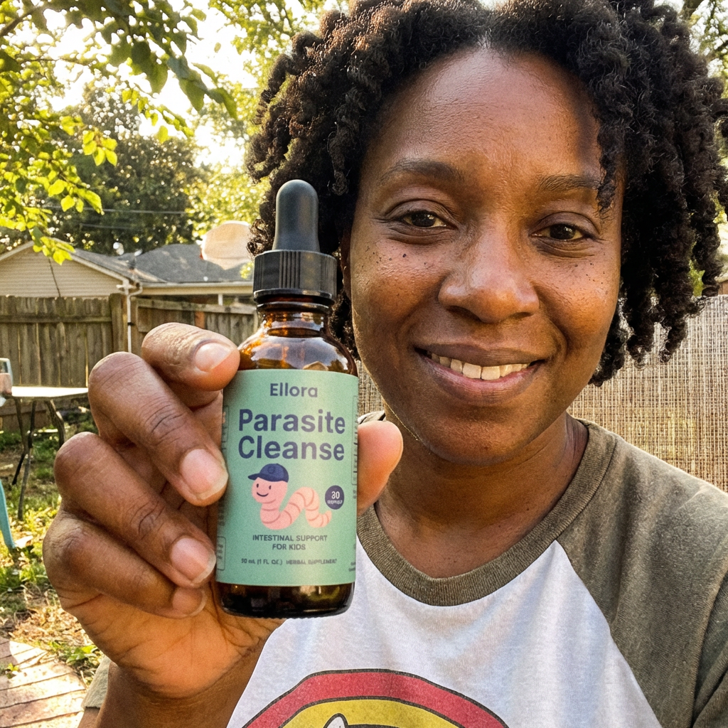 A smiling woman with curly hair holds up a bottle of Ellora Parasite Cleanse for kids.