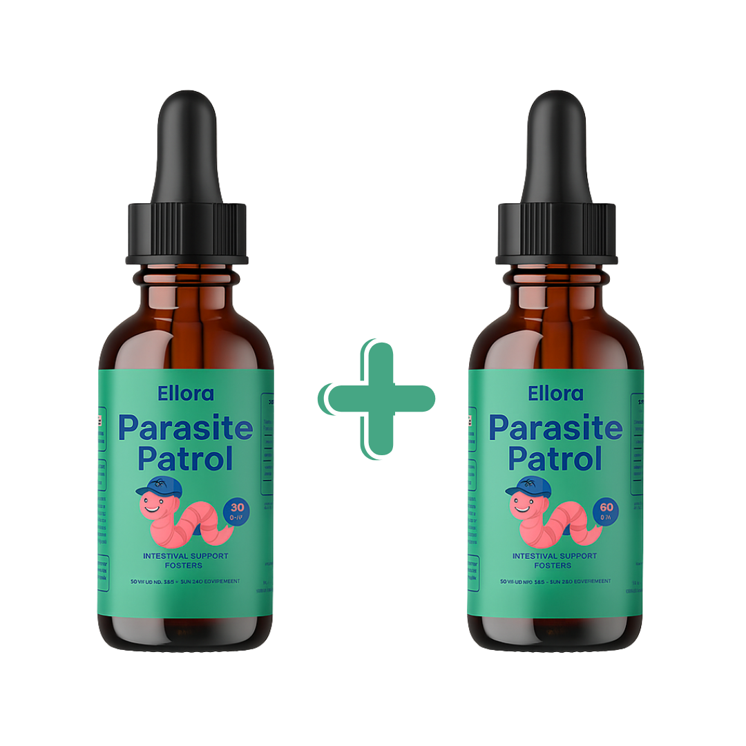 Two bottles of Parasite Patrol with a plus sign between them