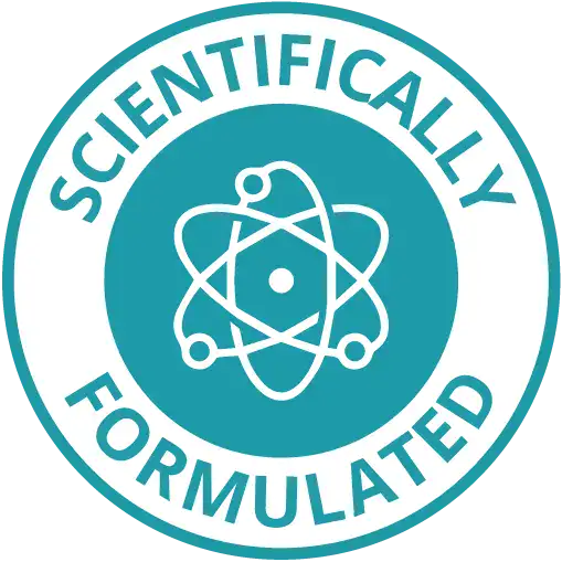 'Badge with atom symbol and 'Scientifically Formulated' text.'