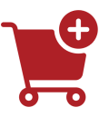 Red shopping cart icon with a plus sign inside.