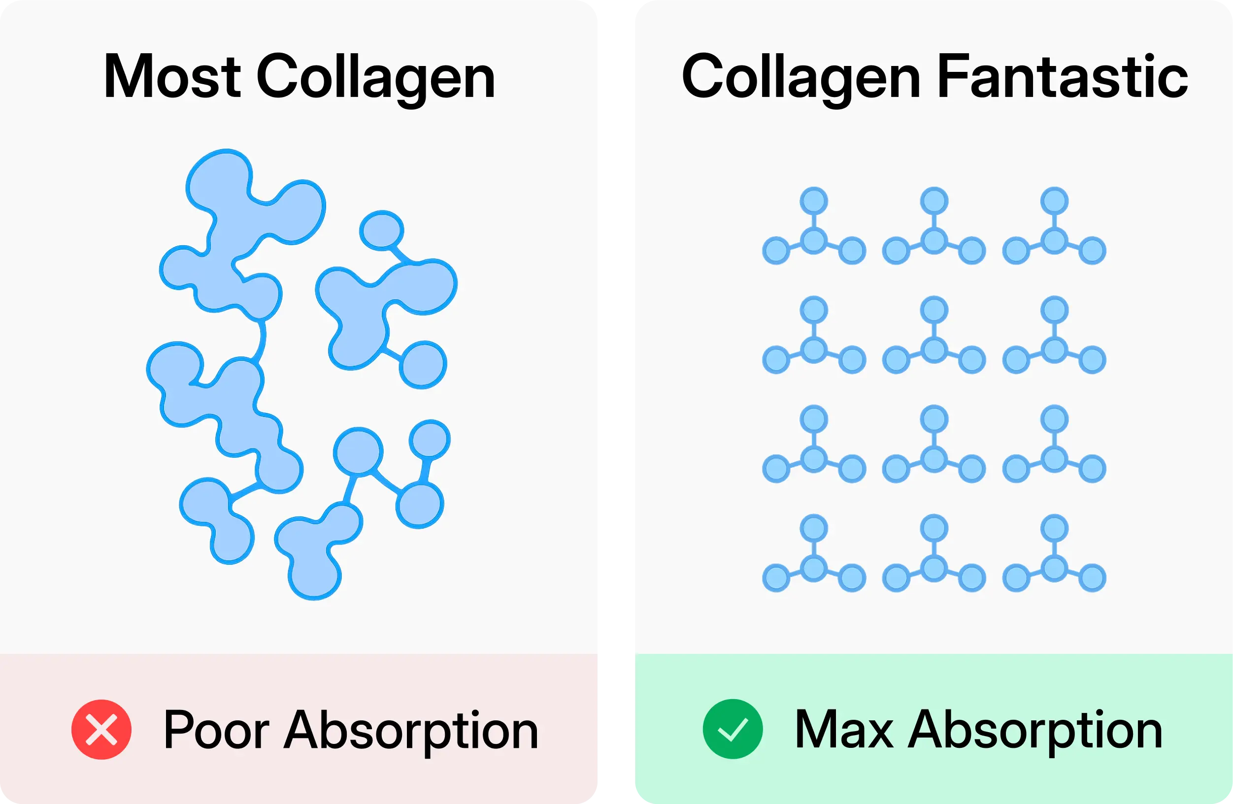 Two diagrams comparing collagen absorption, labeled poor and max absorption.