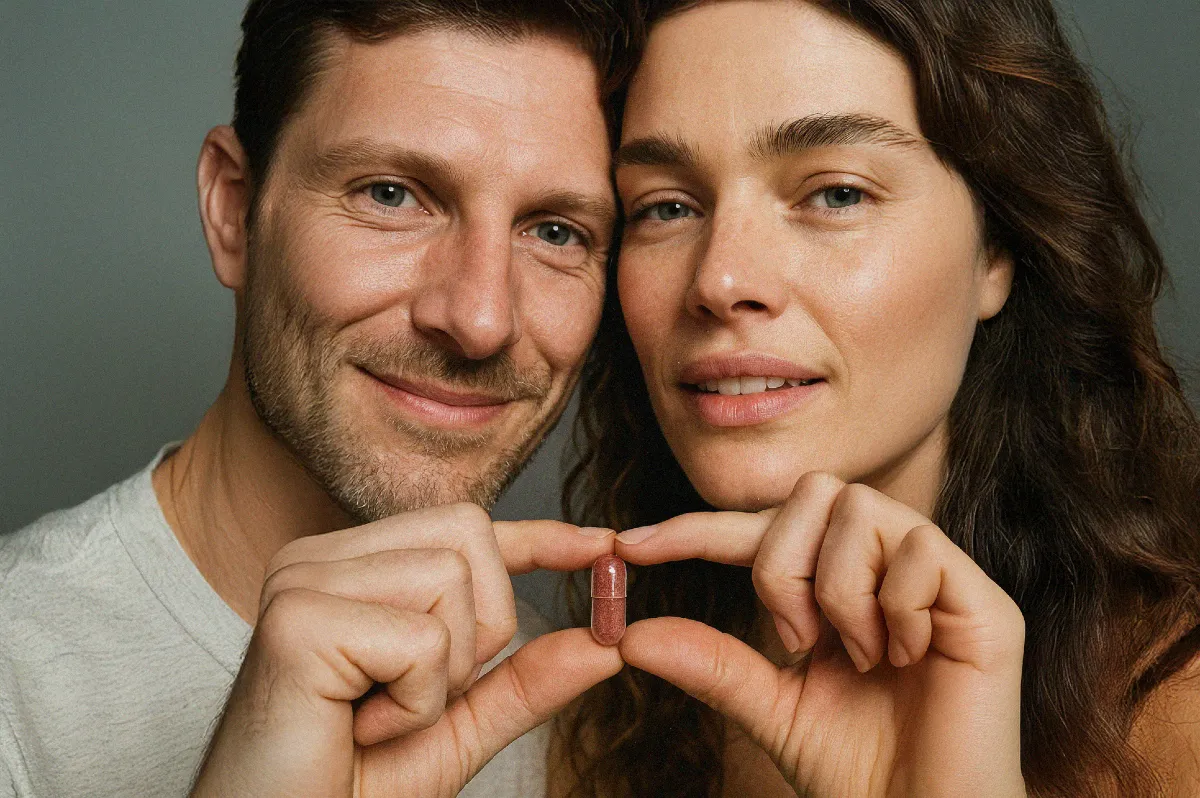 Two people holding a capsule between their fingers, smiling at the camera.