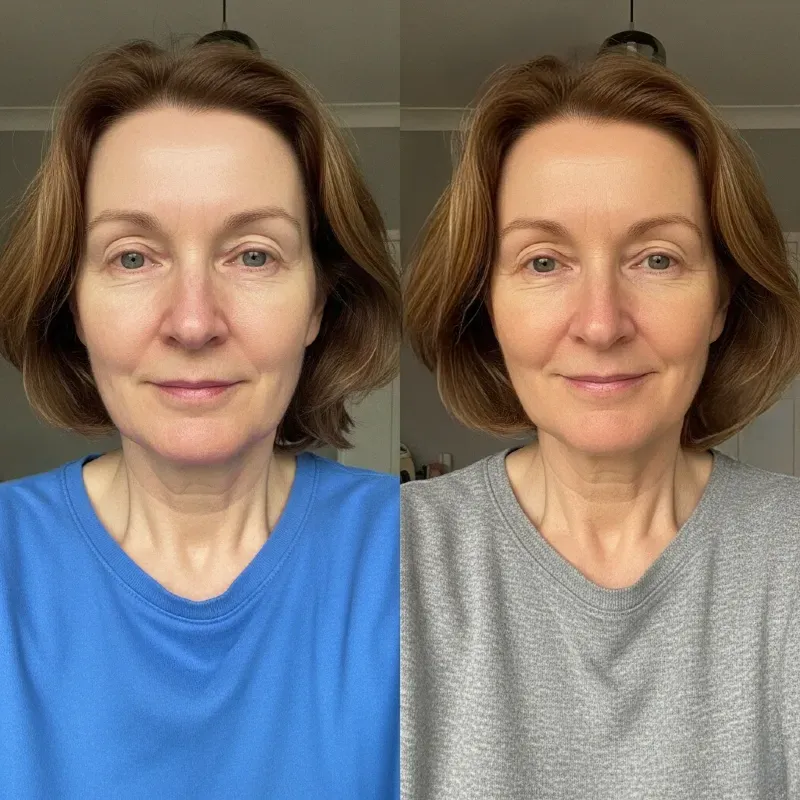 Side-by-side comparison of a woman in blue and gray shirts.