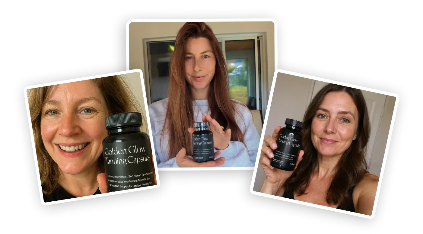 Collage of images of women holding bottle of solsera golden glow tanning capsules