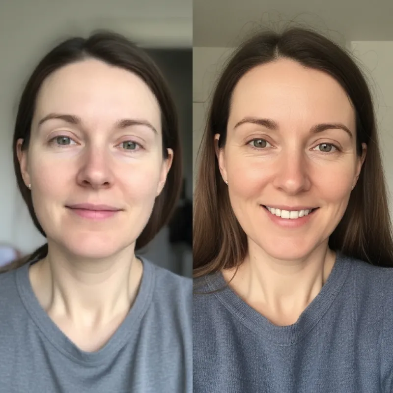 Side-by-side comparison of a woman before and after makeup.