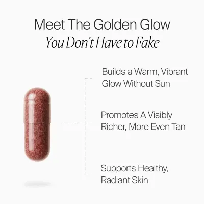Graphic listing the benefits of Solsera Golden Glow Tanning Capsules