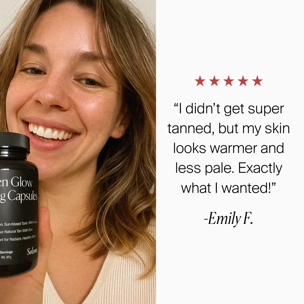 customer review of solsera golden glow tanning capsules beside the customer holding a bottle of solsera golden glow tanning capsules
