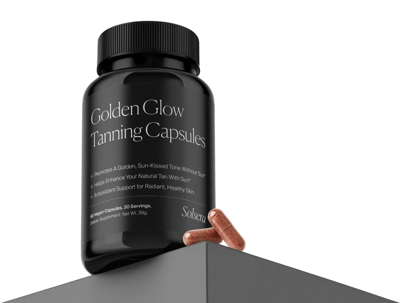 Botte of Solsera Golden Glow Tanning Capsules on a ledge beside 2 capsules