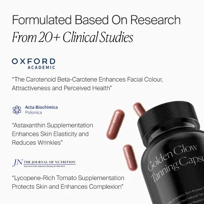 graphic showcasing clinical studies for ingredients featured in solsera golden glow tanning capsules