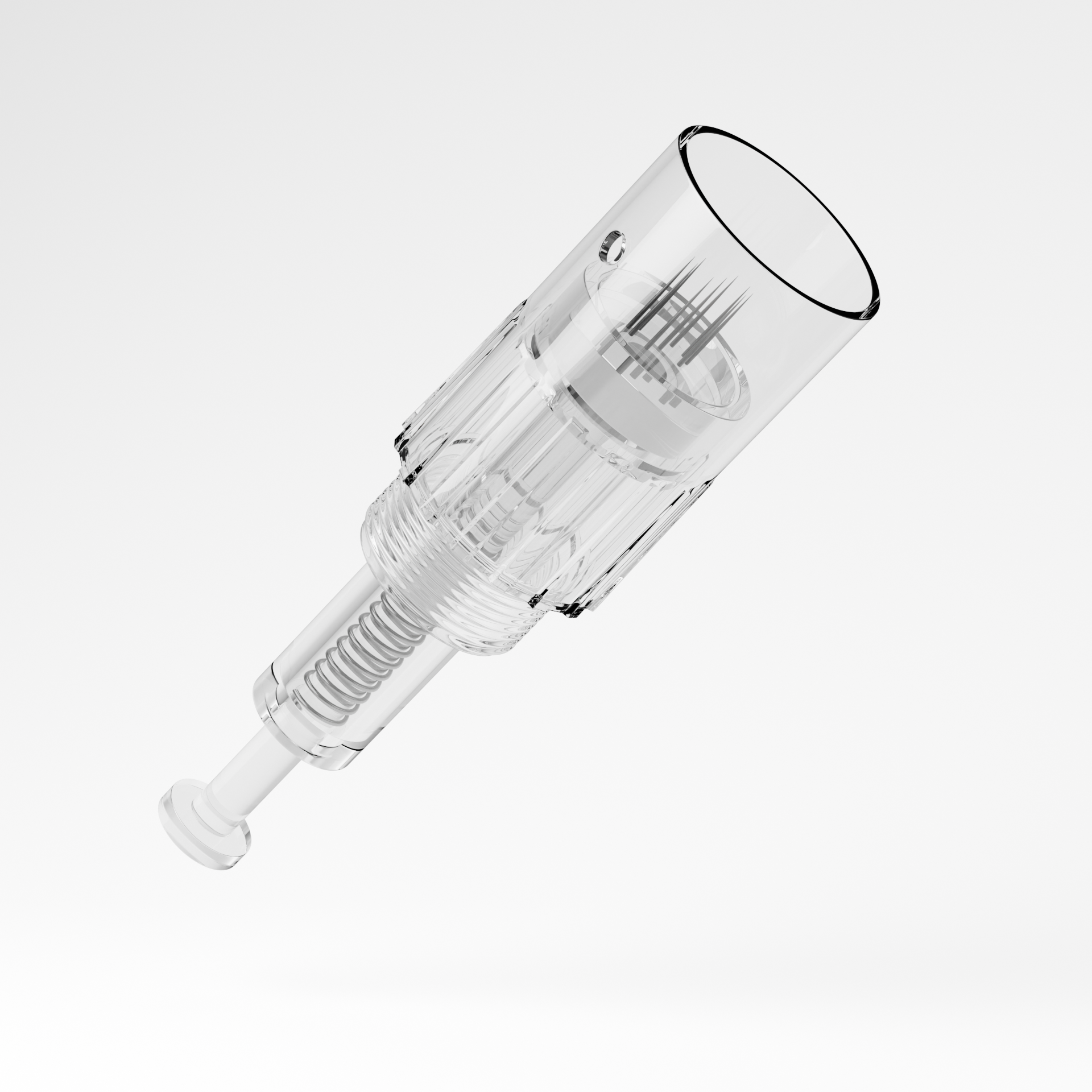 Transparent syringe with a visible spring mechanism inside.