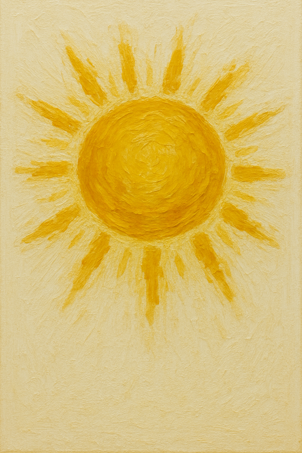Abstract painting of a bright yellow sun with radiating rays.
