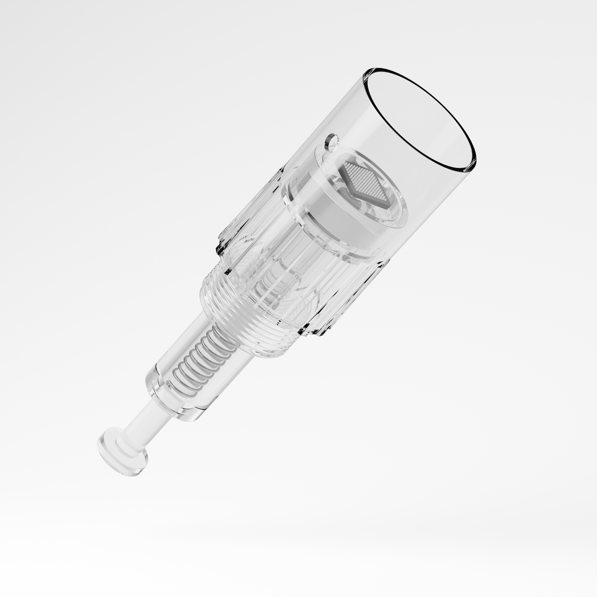 Transparent syringe with a visible spring mechanism inside.