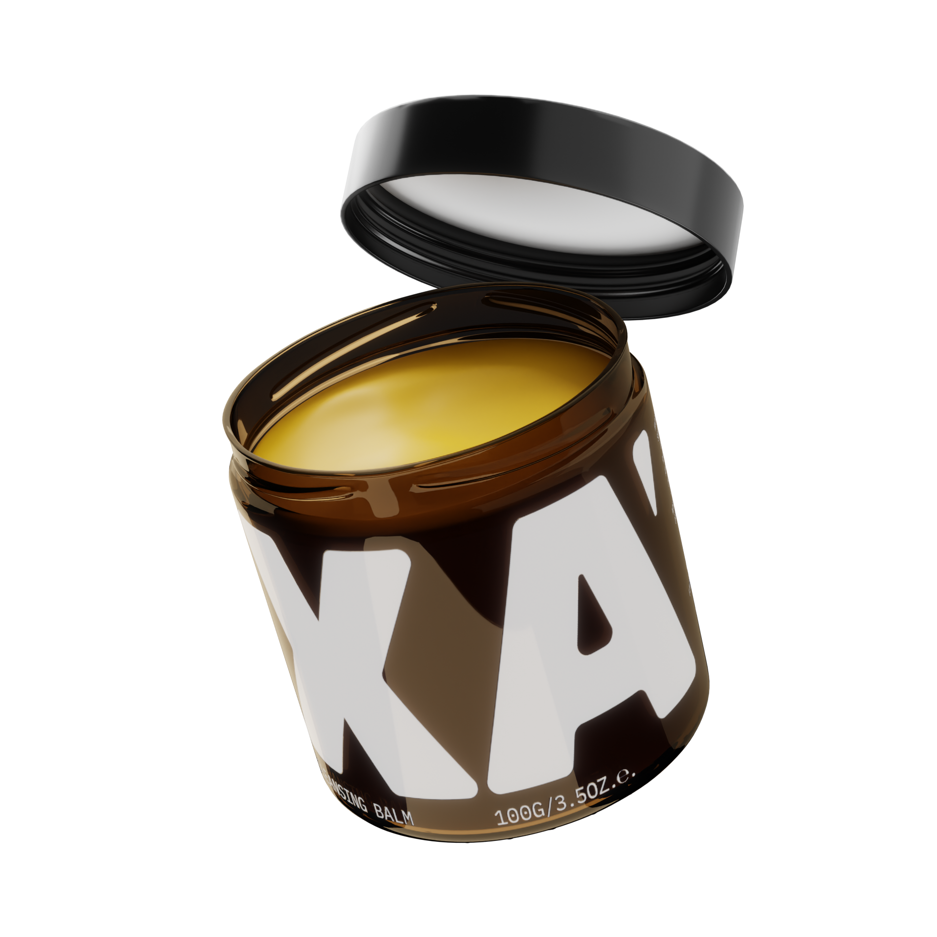 An open amber-colored jar of yellow cleansing balm with a black lid, set against a white background.