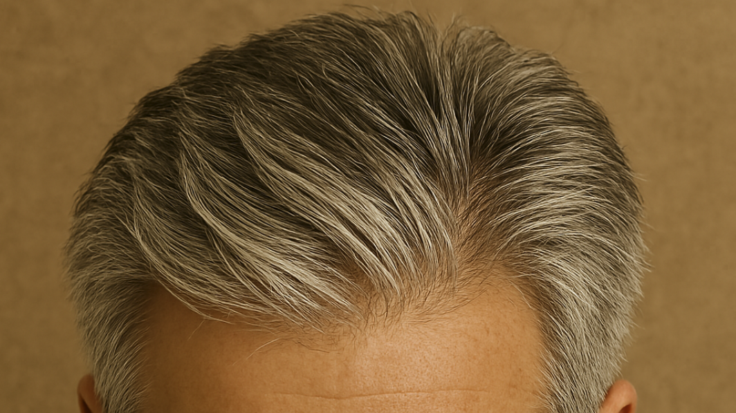 Close-up of a person's gray hair and forehead.