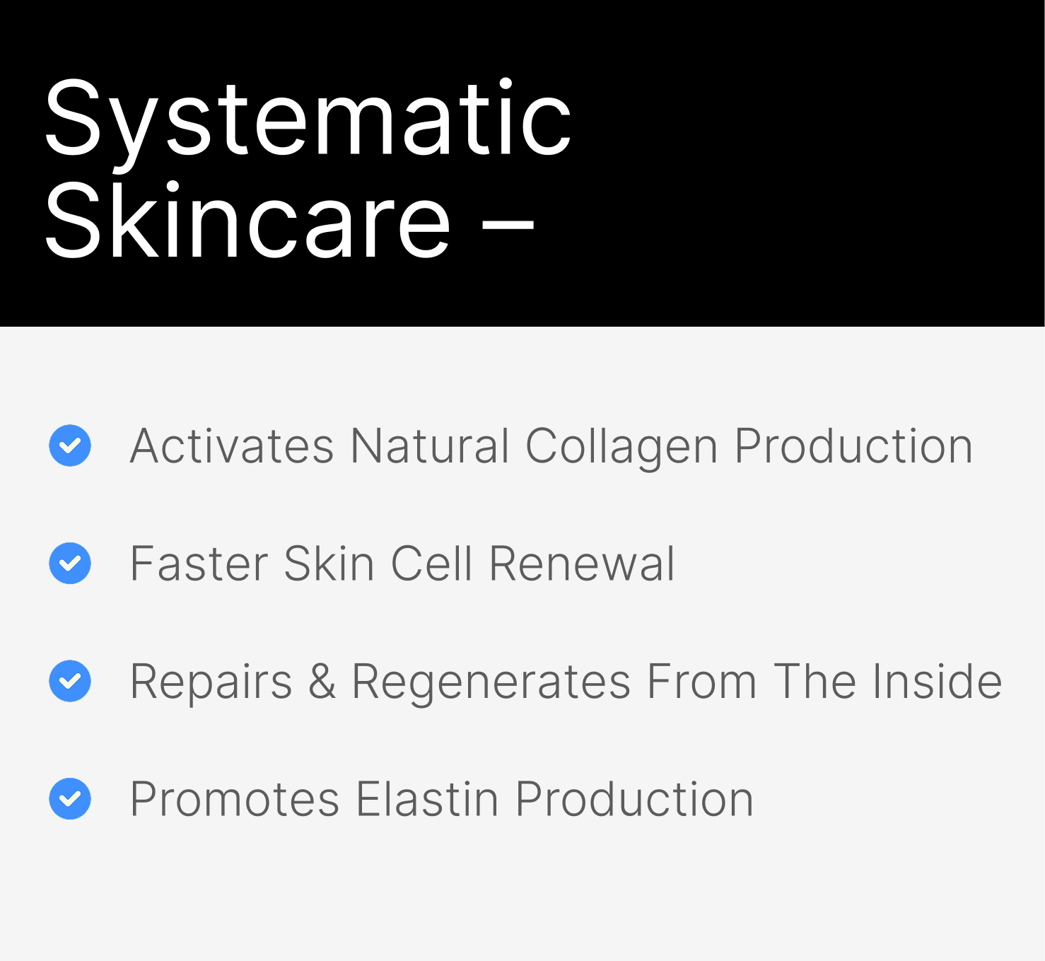 Text about skincare benefits with checkmarks, including collagen and elastin production.