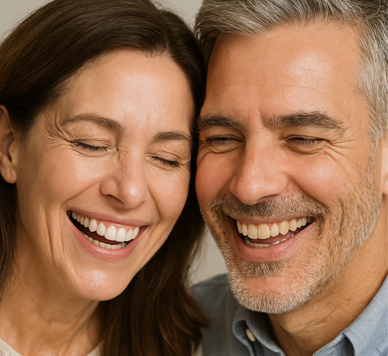 Smiling man and woman with eyes closed, close-up.
