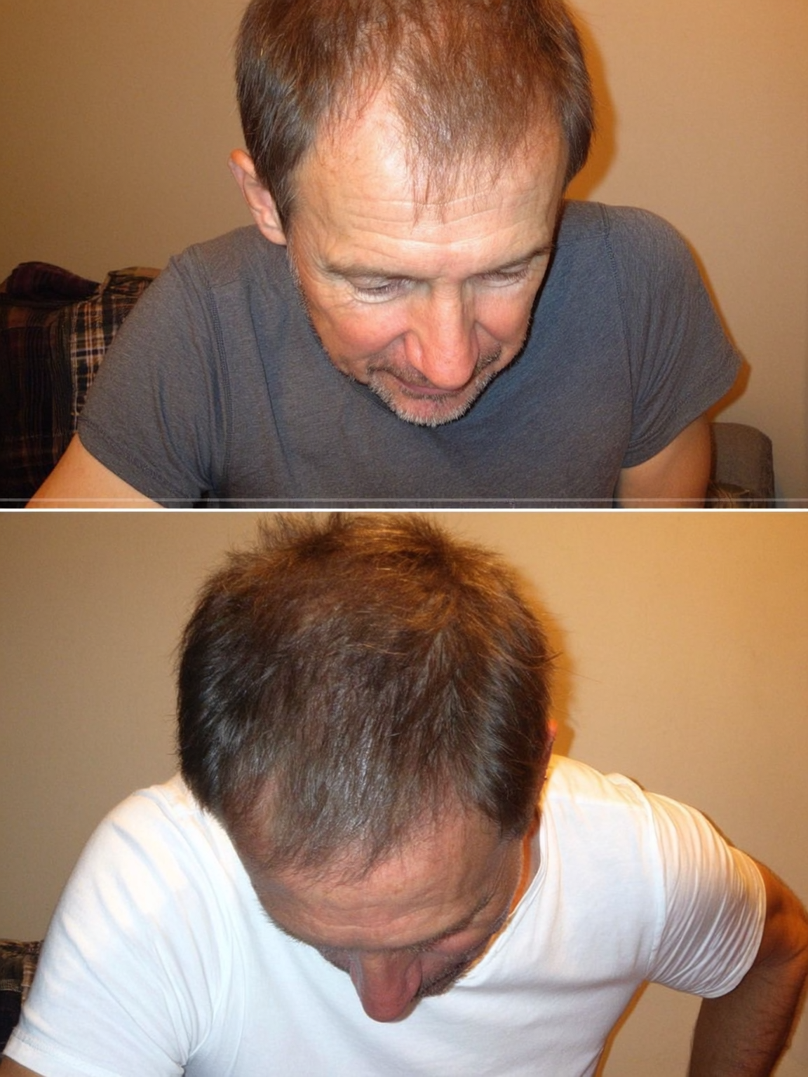 Two images of a man looking down, wearing different colored shirts.