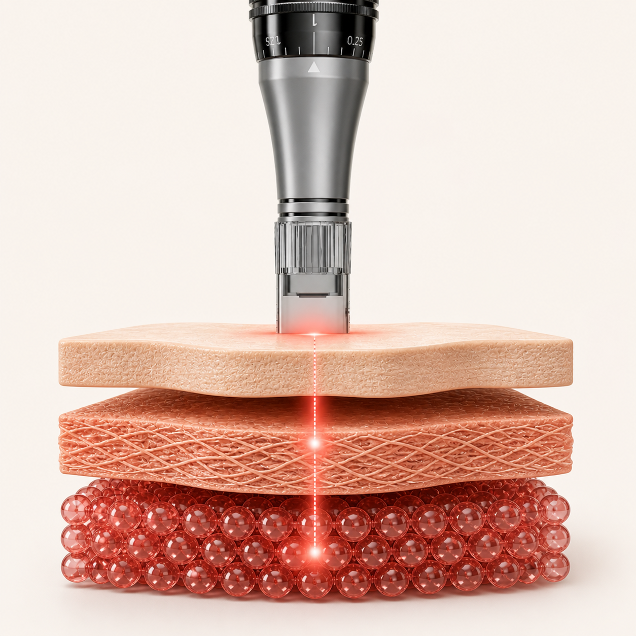 A diagram of a cosmetic laser device penetrating through multiple layers of human skin.