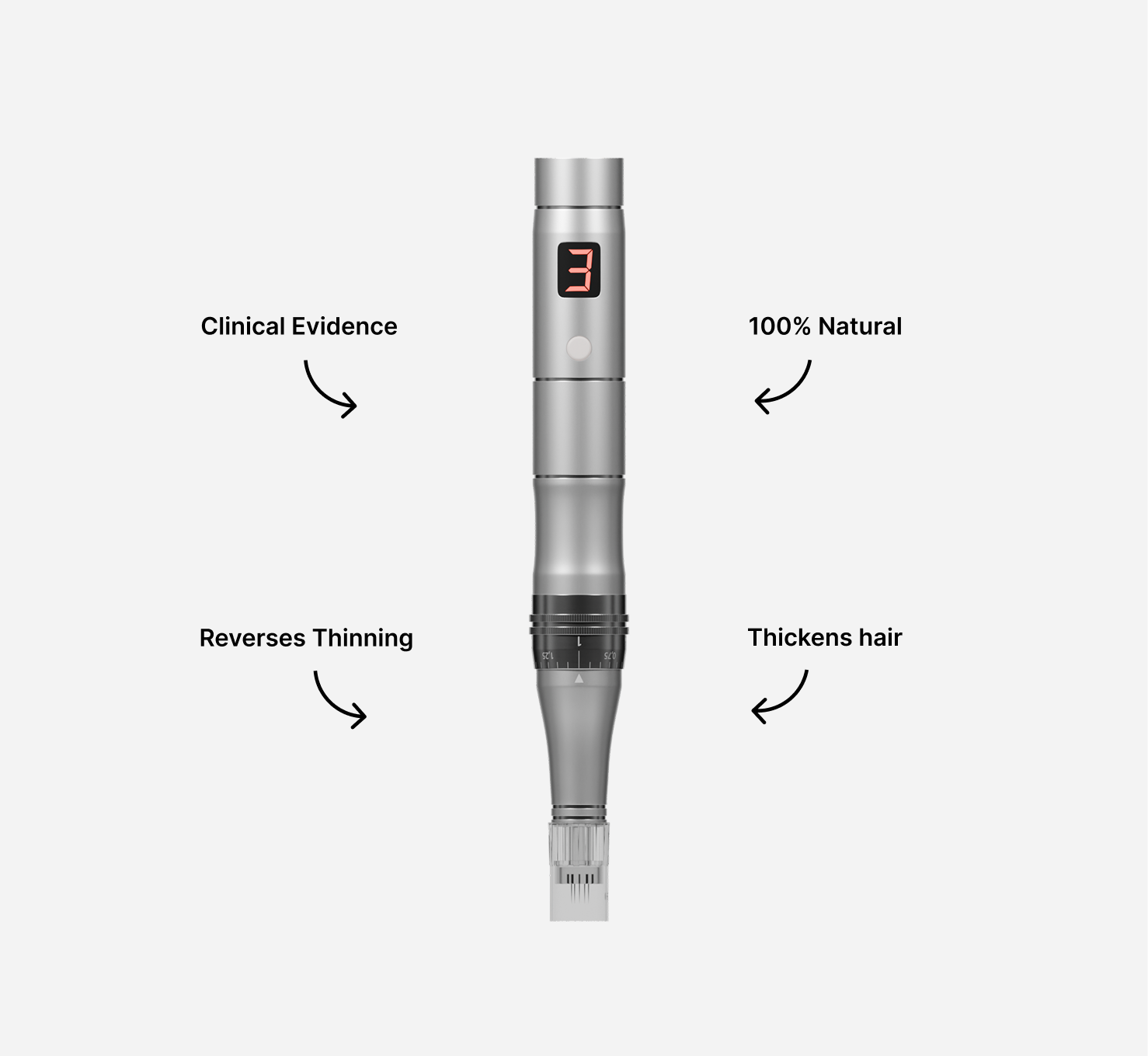 Silver pen-like device with digital display, labeled benefits: clinical evidence, 100% natural, reverses thinning, thickens hair.