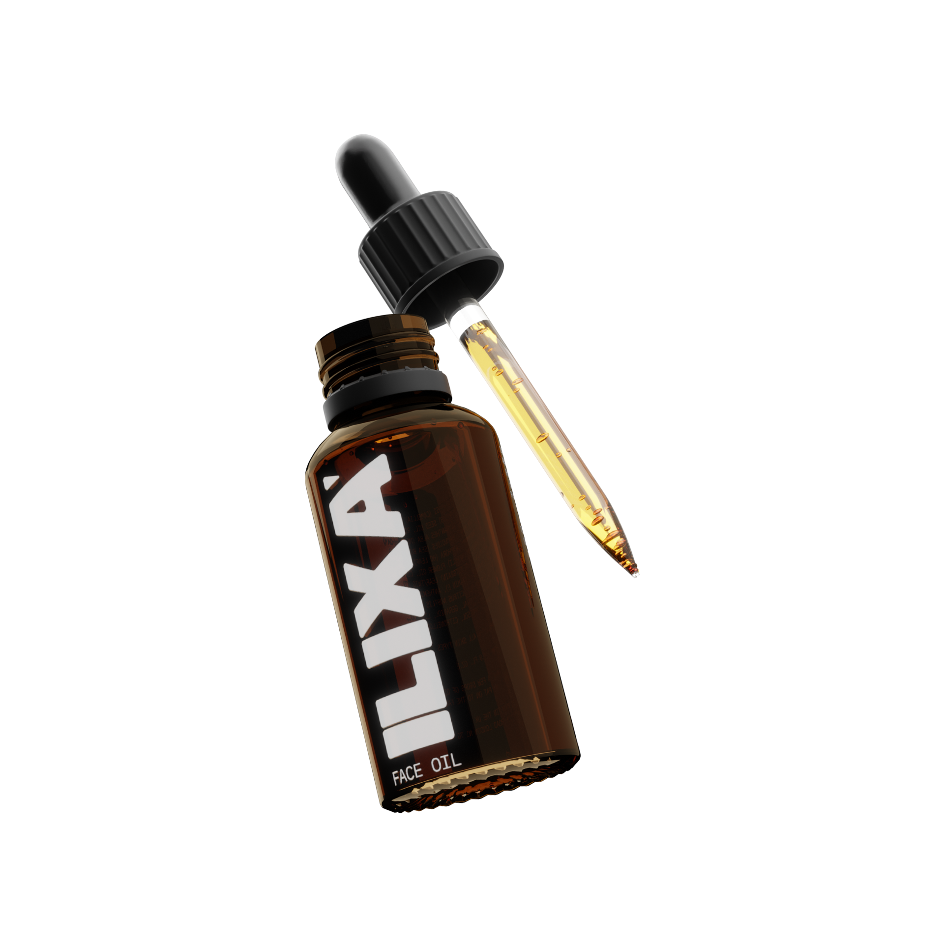 A brown glass bottle of ILXA face oil with the dropper cap removed and full of oil.