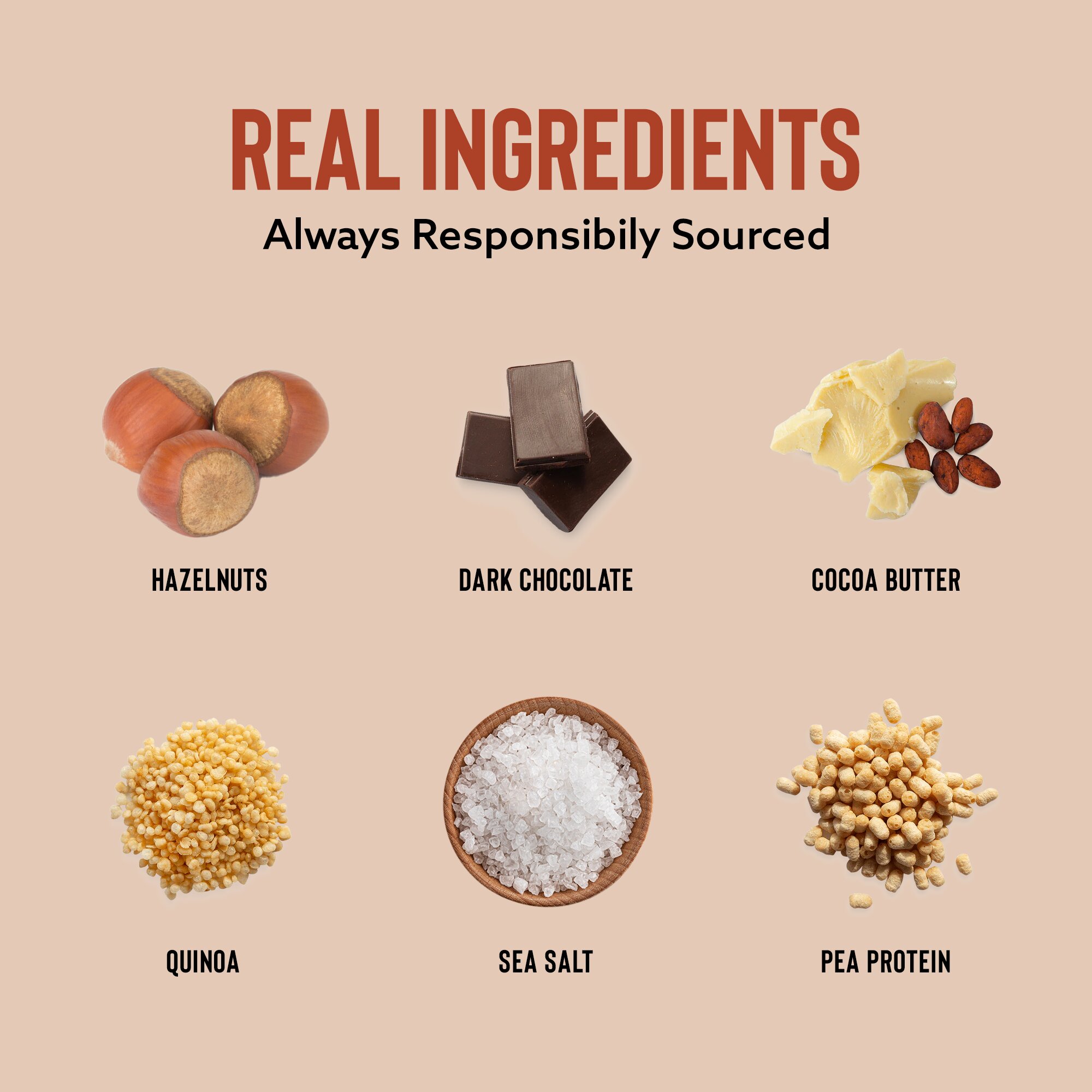 Image showing hazelnuts, dark chocolate, cocoa butter, quinoa, sea salt, and pea protein.