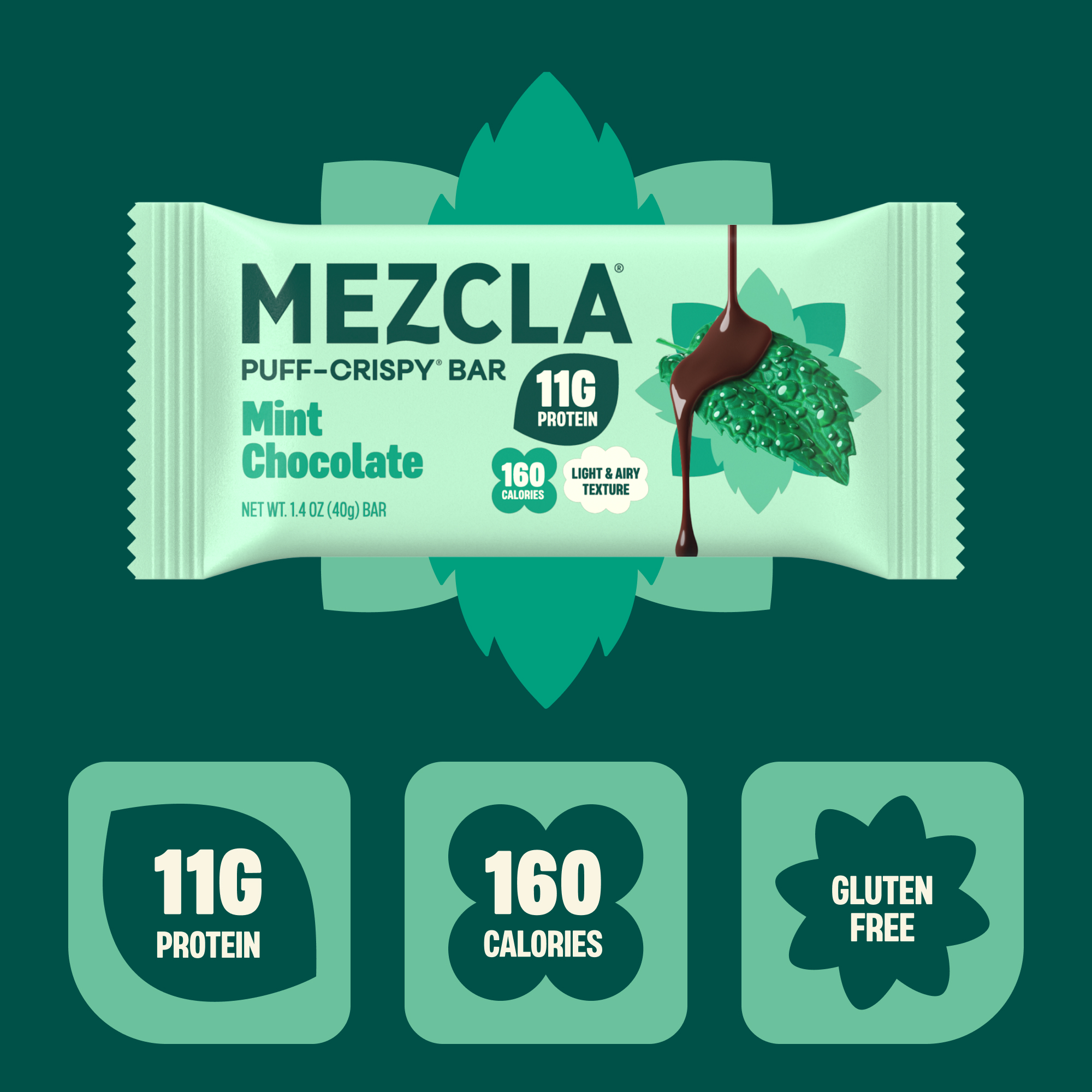 A Mezcla Mint Chocolate protein bar with icons showing 11g protein, 160 calories, and gluten-free.
