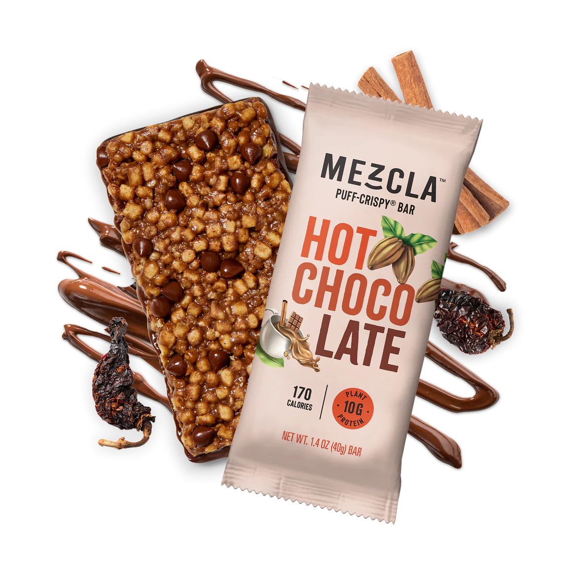 Mezcla Hot Chocolate puff-crispy bar with chocolate drizzle and cinnamon sticks.