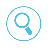 Blue magnifying glass icon inside a circle on a white background.