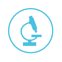 Blue microscope icon inside a circle on a white background.