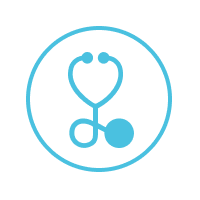 Blue stethoscope icon inside a circle on a white background.