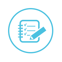 Icon of a checklist with a pencil inside a circle.