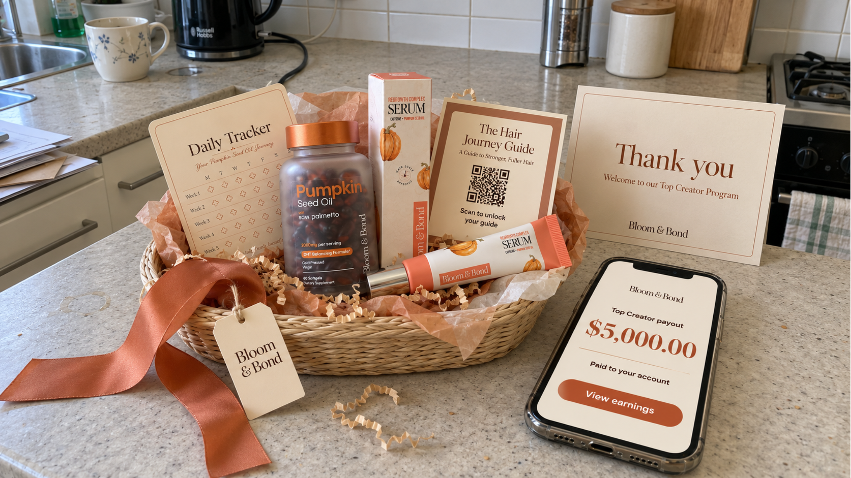A gift basket of hair care products sits on a counter next to a phone showing a $5,000 payout.