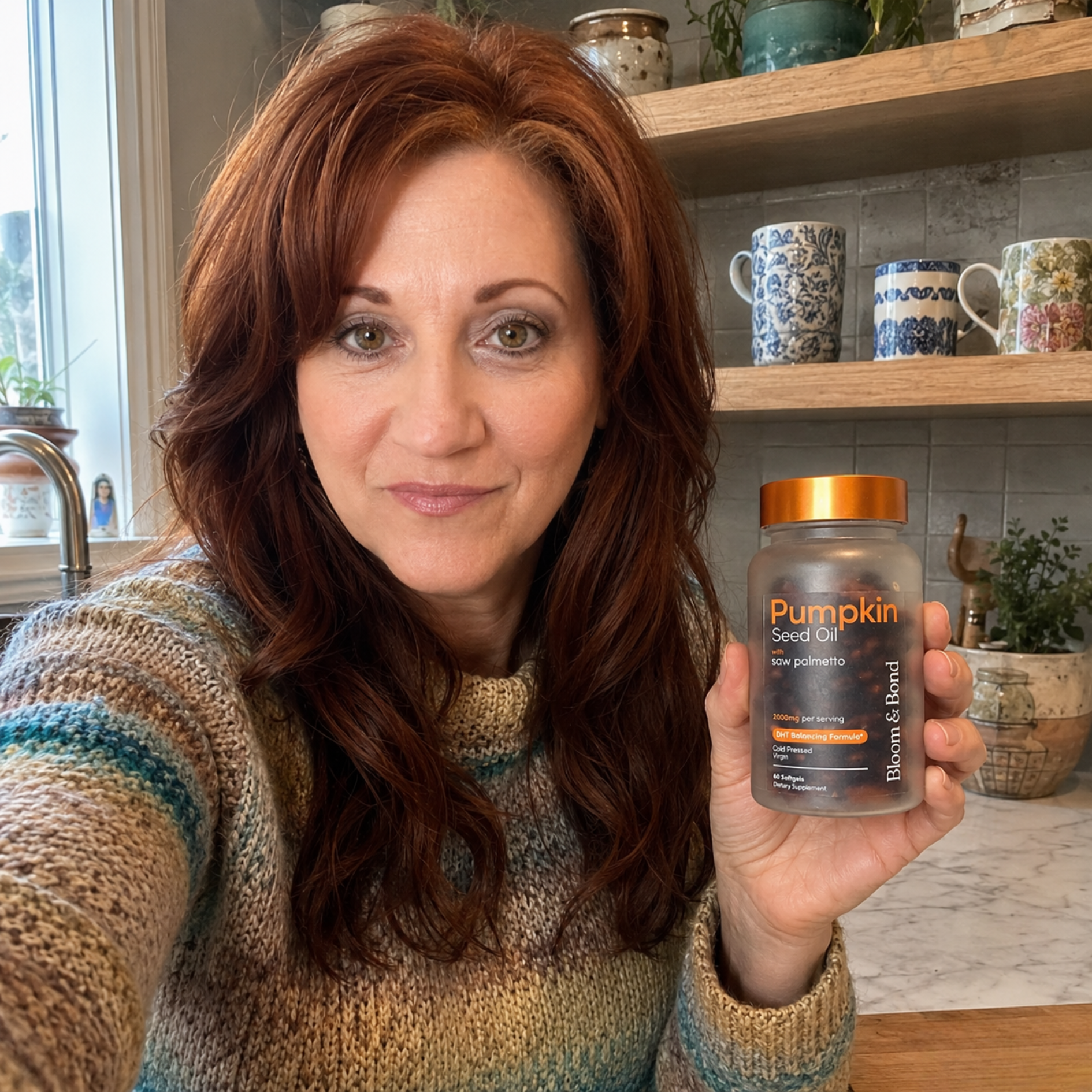 A woman with red hair in a striped sweater holds a bottle of Pumpkin Seed Oil supplements.