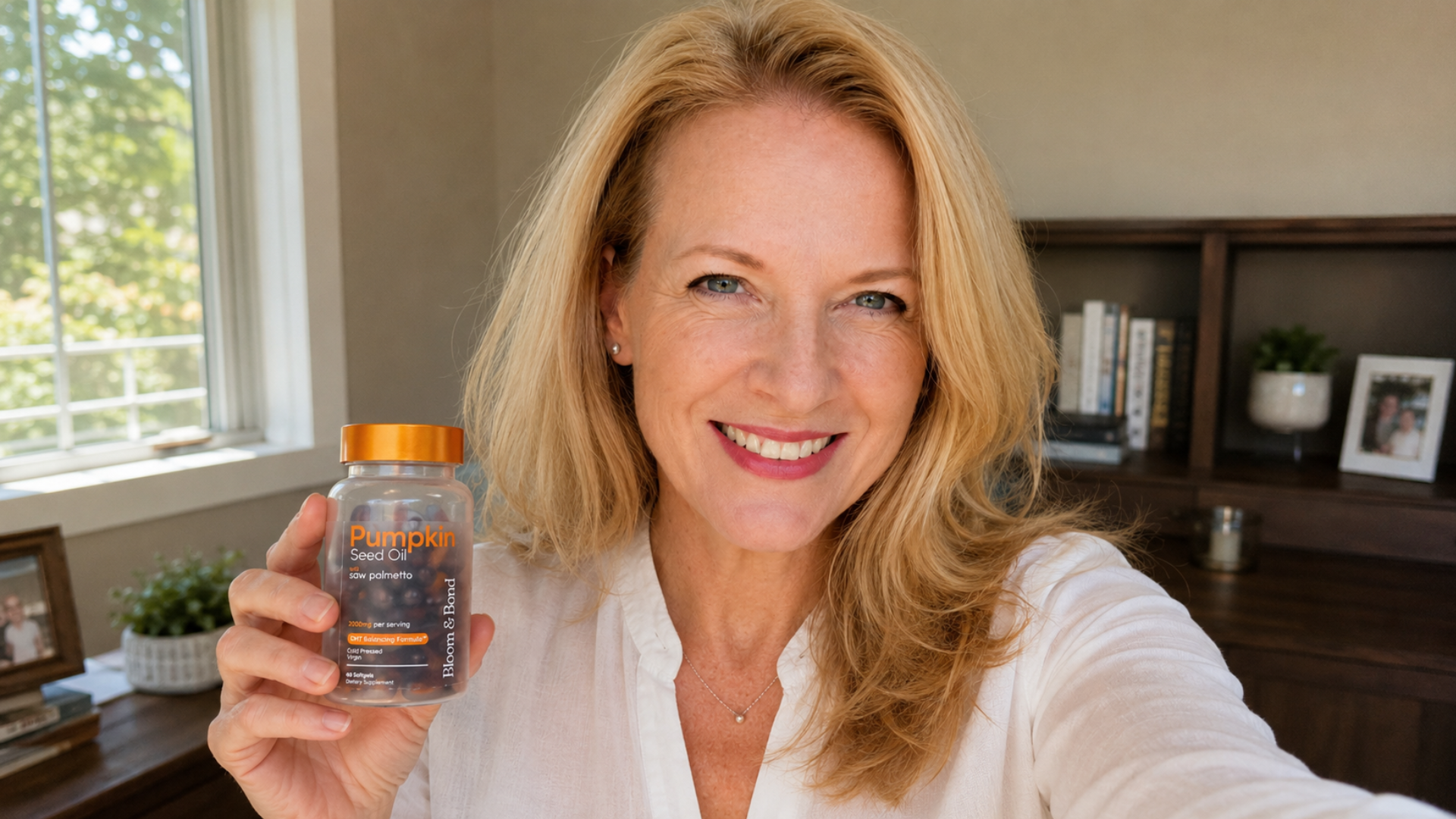 A smiling woman holds a bottle of Bloom & Bond Pumpkin Seed Oil supplements in her home.