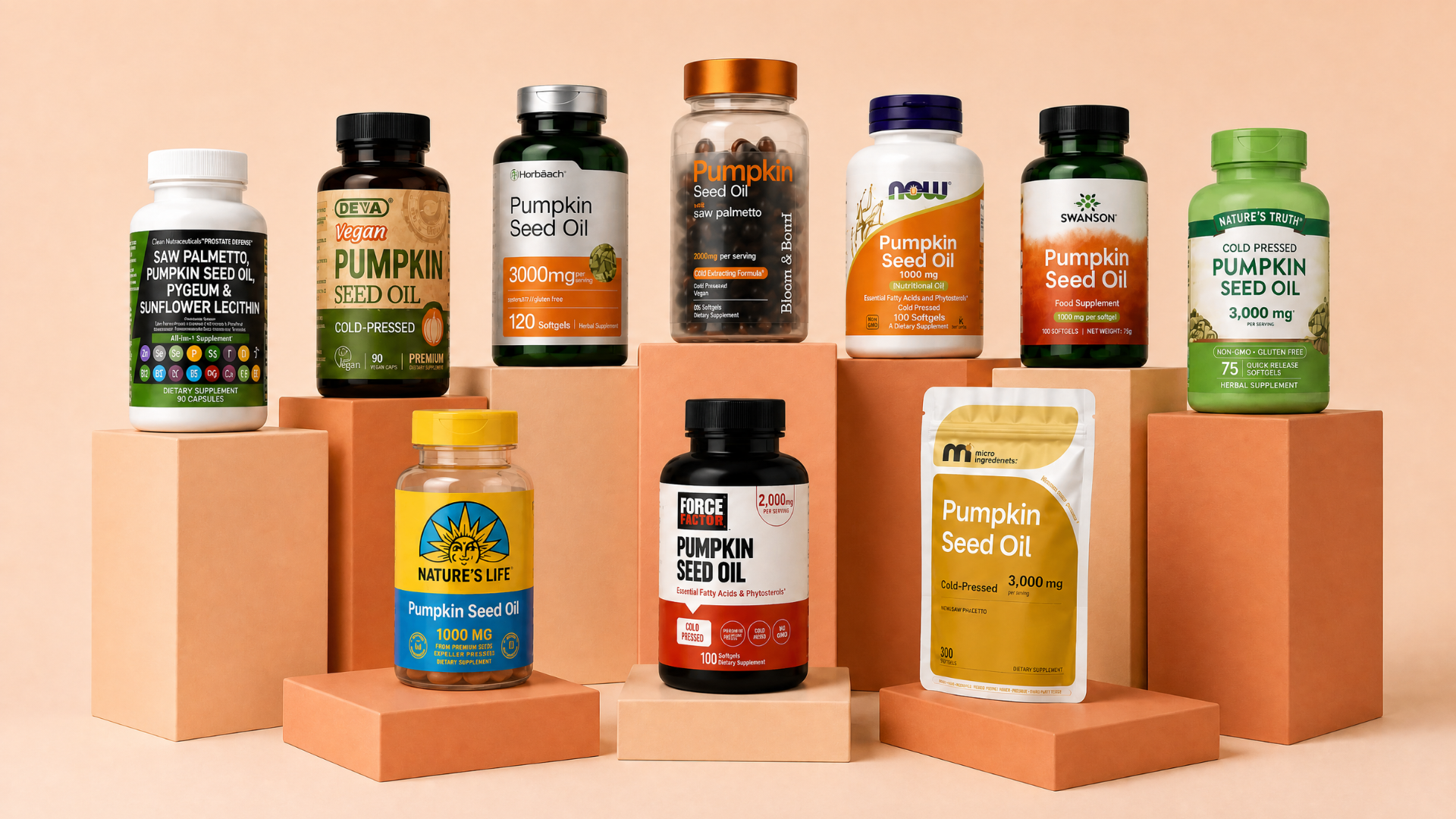 A collection of various brands of pumpkin seed oil supplements displayed on peach and orange blocks.