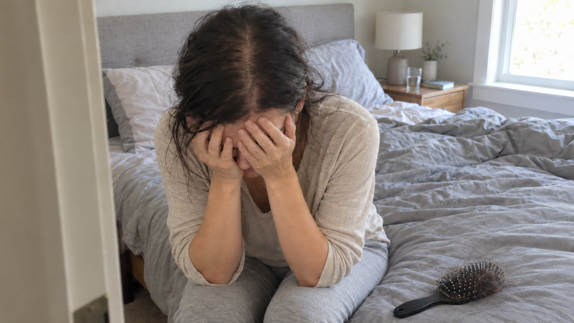 A woman with thinning hair sits on her bed, head in hands, next to a hairbrush full of hair.