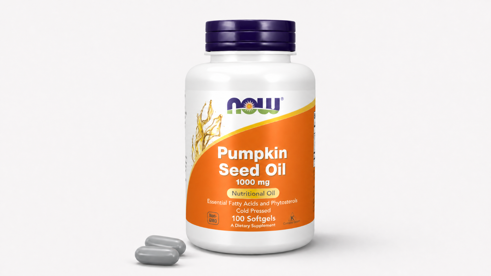 A bottle of NOW Pumpkin Seed Oil 1000 mg softgels, with two capsules shown in the foreground.